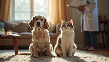 Senior dog and cat in a home setting with visual cues suggesting neglected senior pet care needs