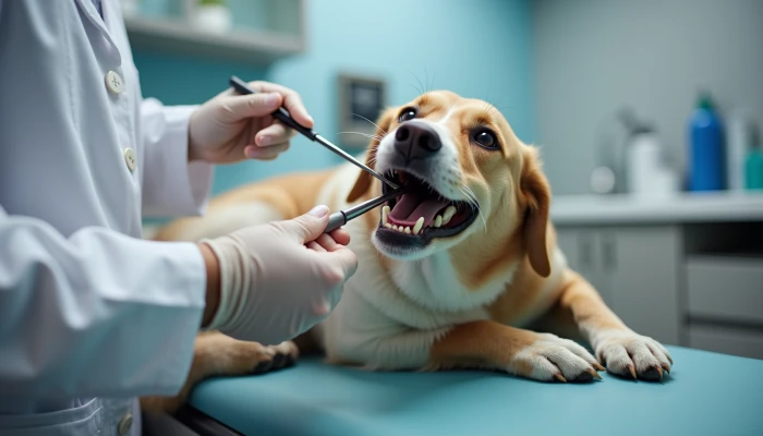 A veterinarian examining a dog's teeth in a clinic