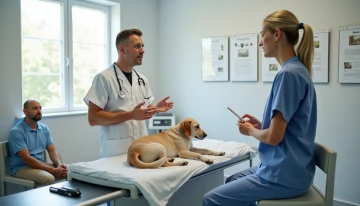 Veterinarian discussing a senior dog's care with its owner in an examination room