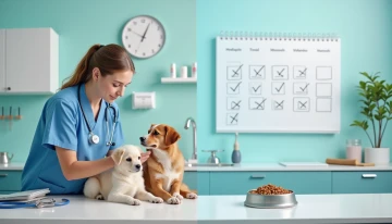 Veterinarian examining pets and calendar with checkmarks showing routine care in a clinic.